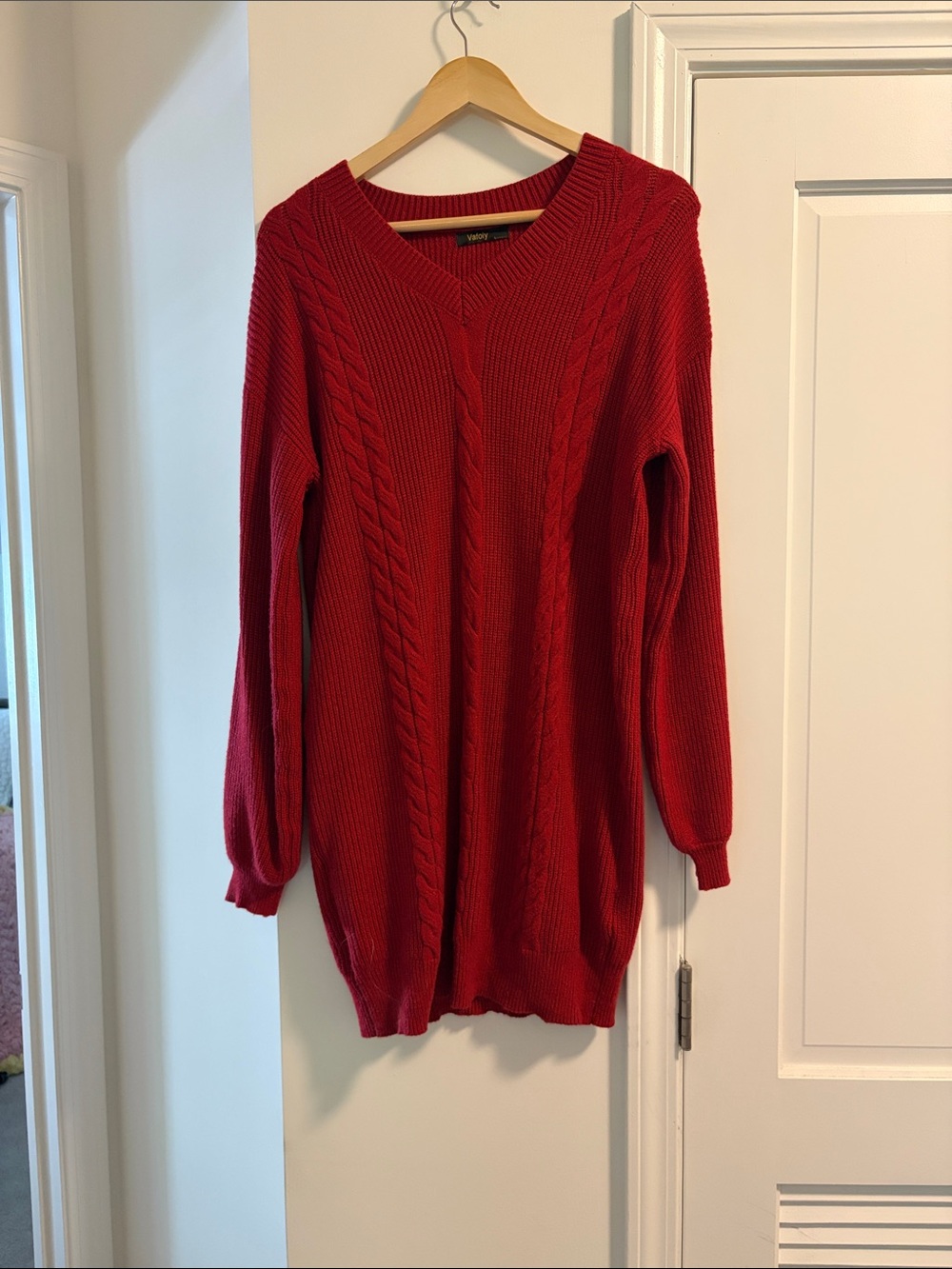 Women’s V-Neck Cable Knit Sweater Dress in Red